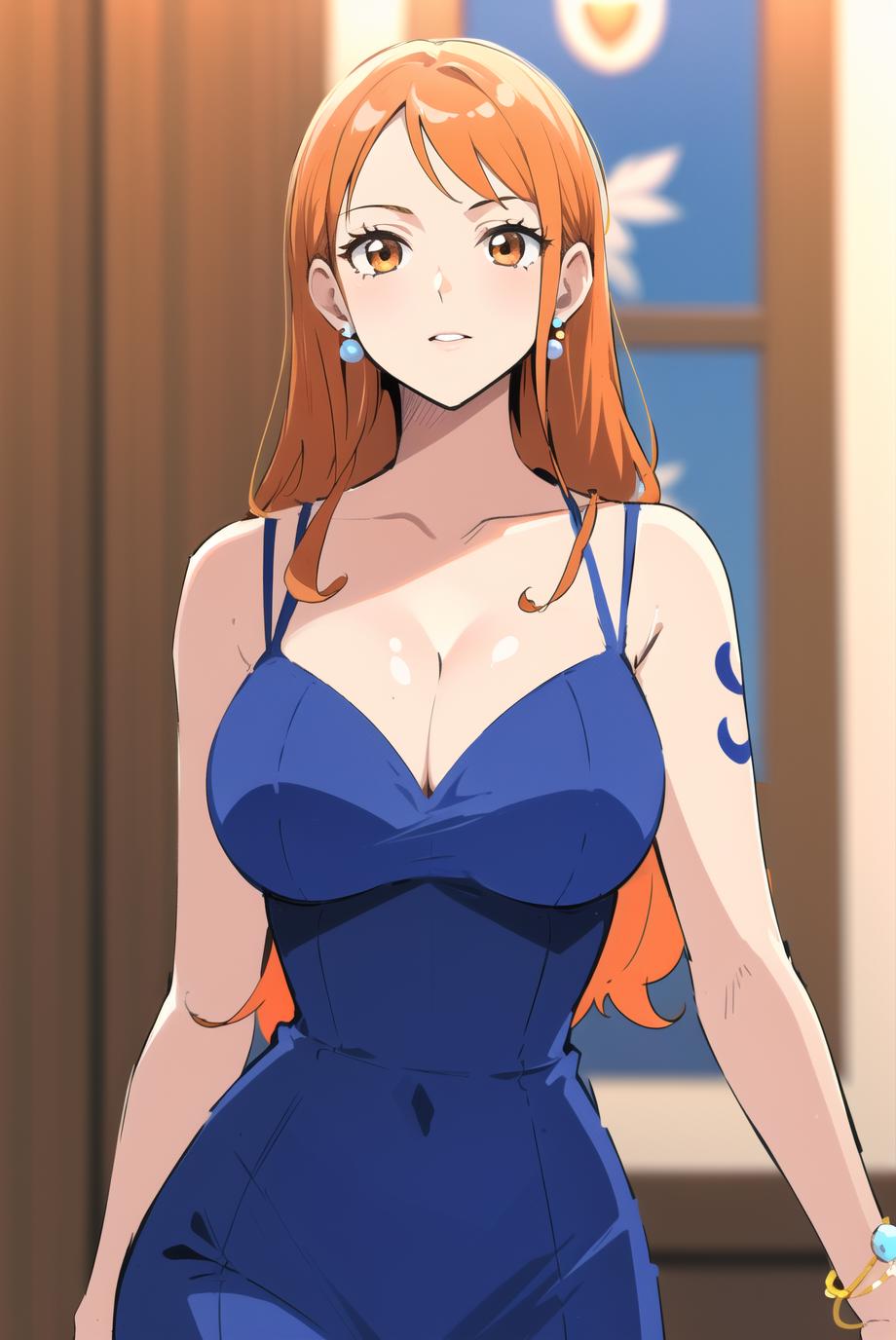 A cartoon or anime female character with a blue dress and a blue tattoo on her arm. The character is standing in front of a window, with her hair in a ponytail.