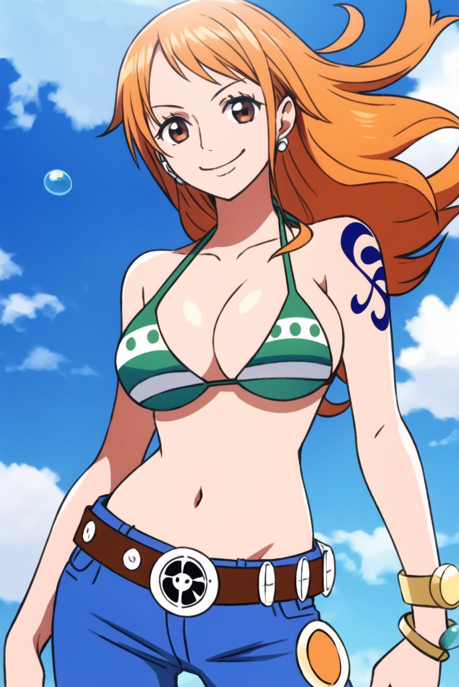 Anime girl with big breasts, wearing a green bikini and blue belt, posing for a picture.