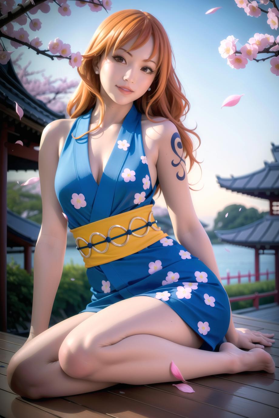 A young woman in a blue dress posing in front of a pagoda.