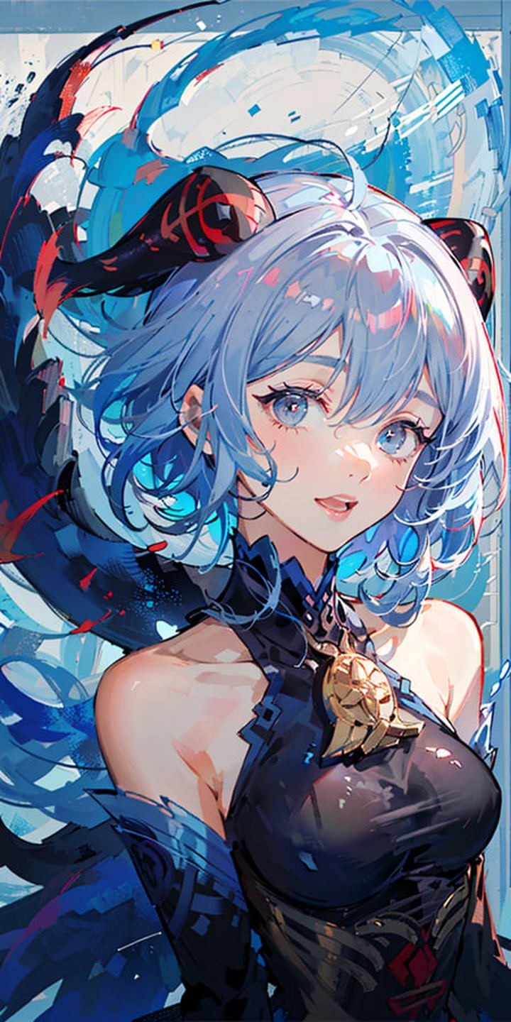 A blue-haired girl with blue eyes and a smile.