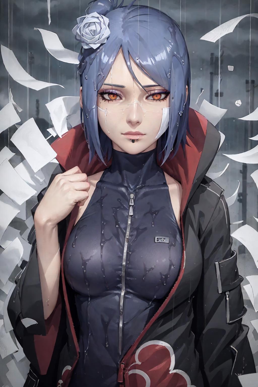 A cartoon illustration of a woman with blue hair and a black outfit, holding her arm up to her face.