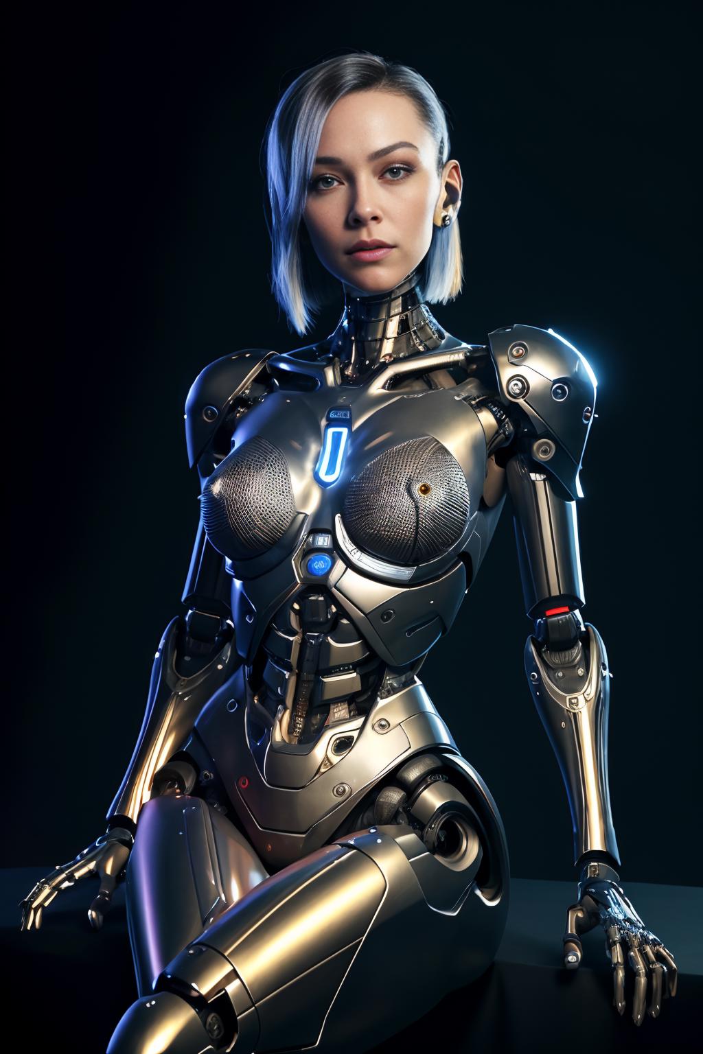 A sexy robot with a blue eye and a blue light on her chest, sitting on a chair.