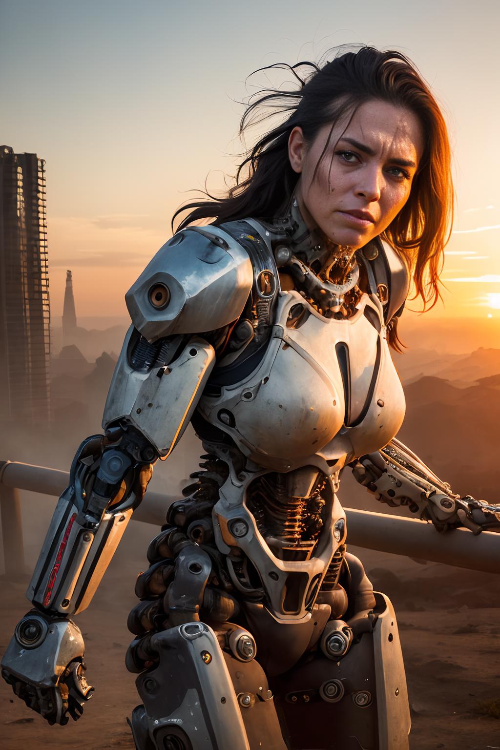 A Cyborg Woman with Glowing Eyes Stands in a Futuristic Scene.