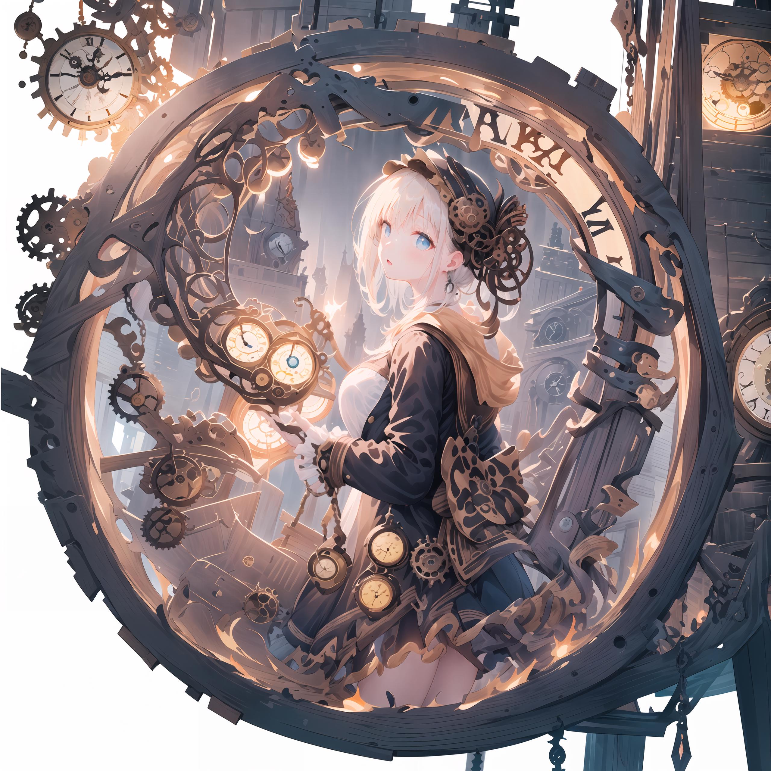 A young woman in a clock-themed environment, surrounded by multiple clocks.