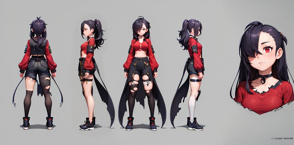 Three Anime-Inspired Characters in Red Outfits with Black Hair and Torn Pants.