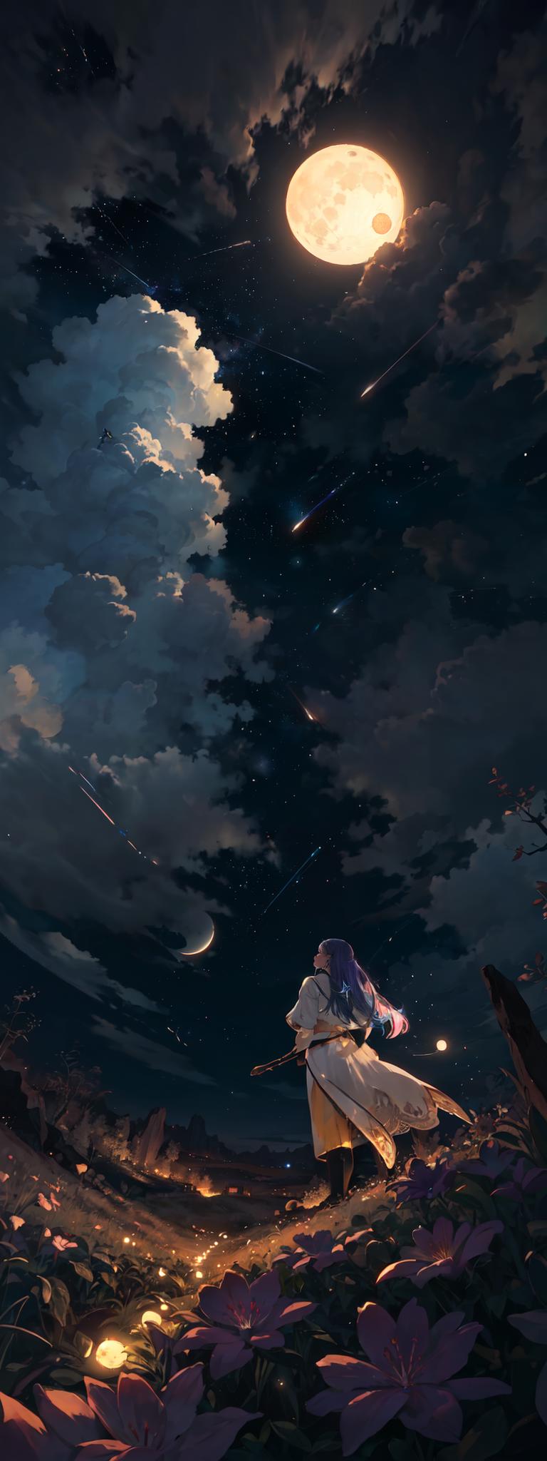 A girl looking up at the night sky with many stars and a crescent moon.