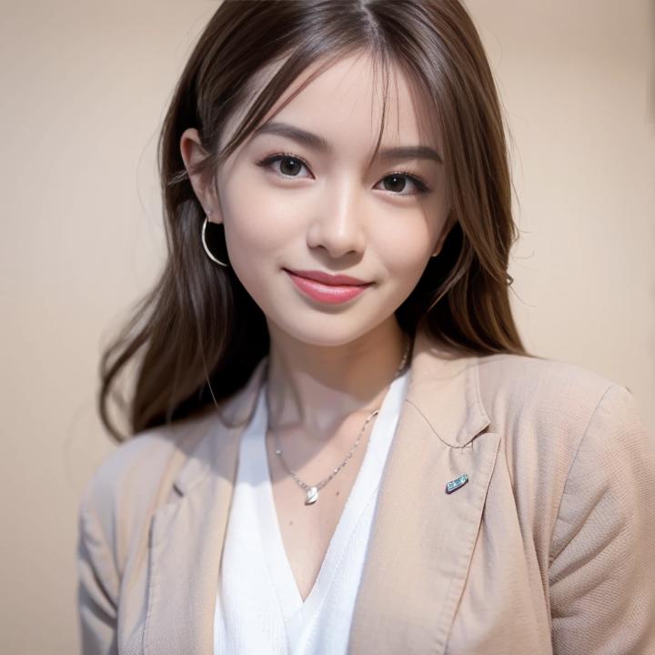 A beautiful young woman wearing a beige blazer and a white shirt with a necklace.