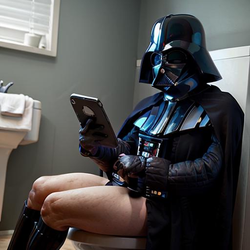 A man dressed as Darth Vader using a cell phone while sitting on a toilet.