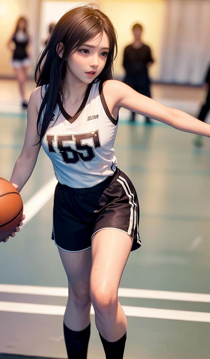 A woman wearing a basketball uniform is holding a basketball.