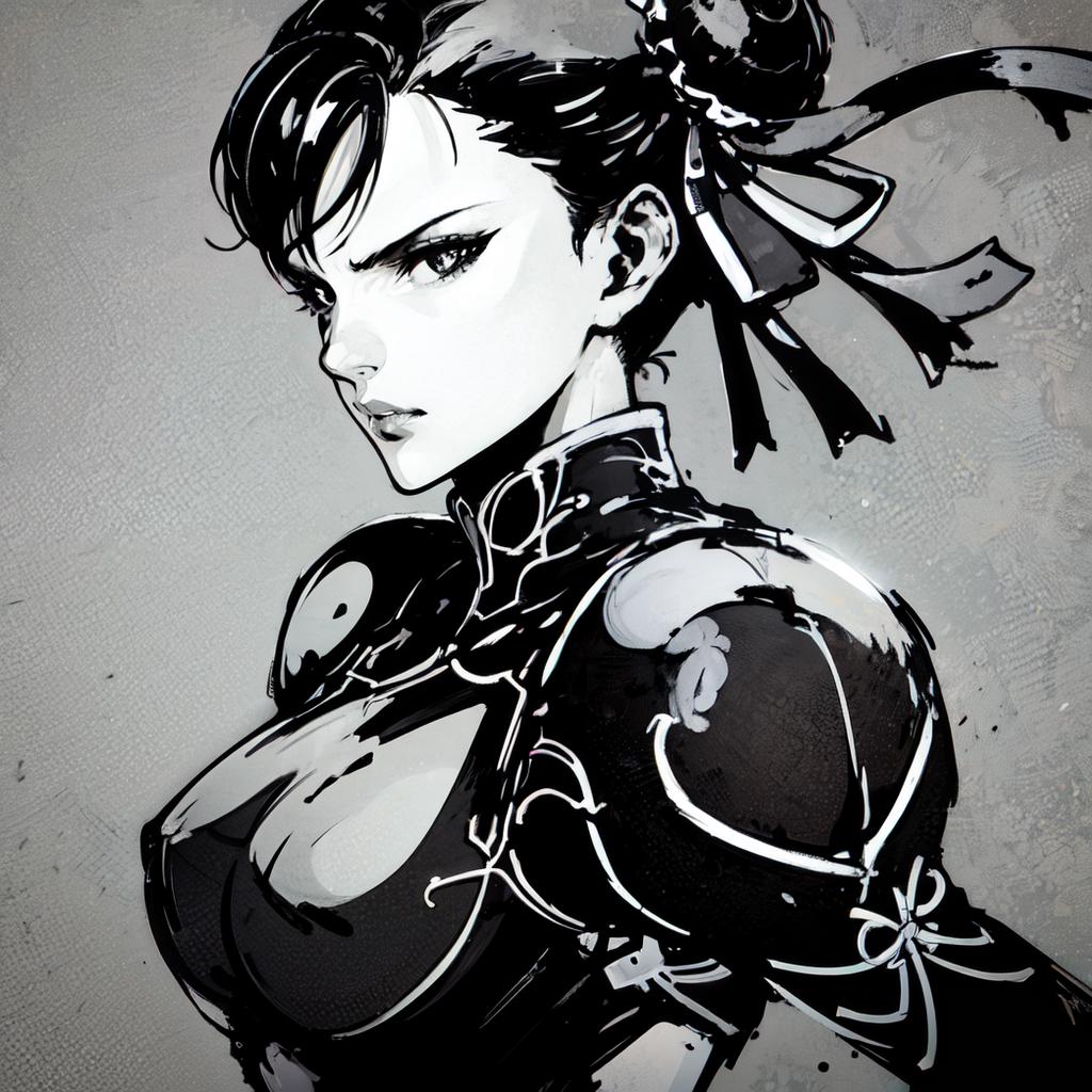 A beautifully drawn image of a woman wearing a black armor and a ponytail.