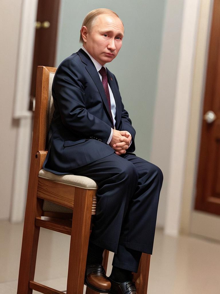 A Short Man Wearing a Suit and Tie Sits in a Wooden Chair.