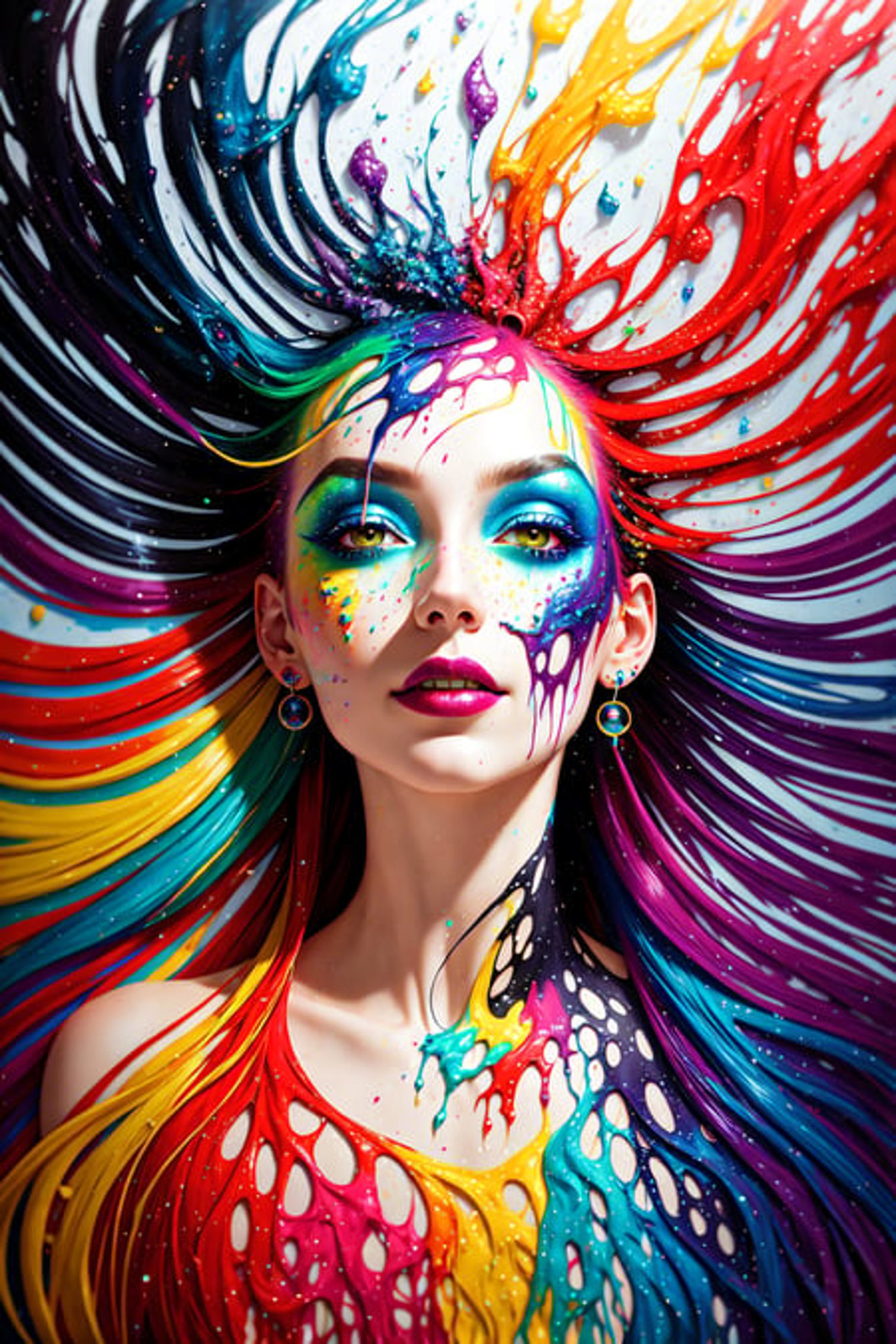 Colorful Paint Splattered Woman with Green Eyes and Rainbow Hair