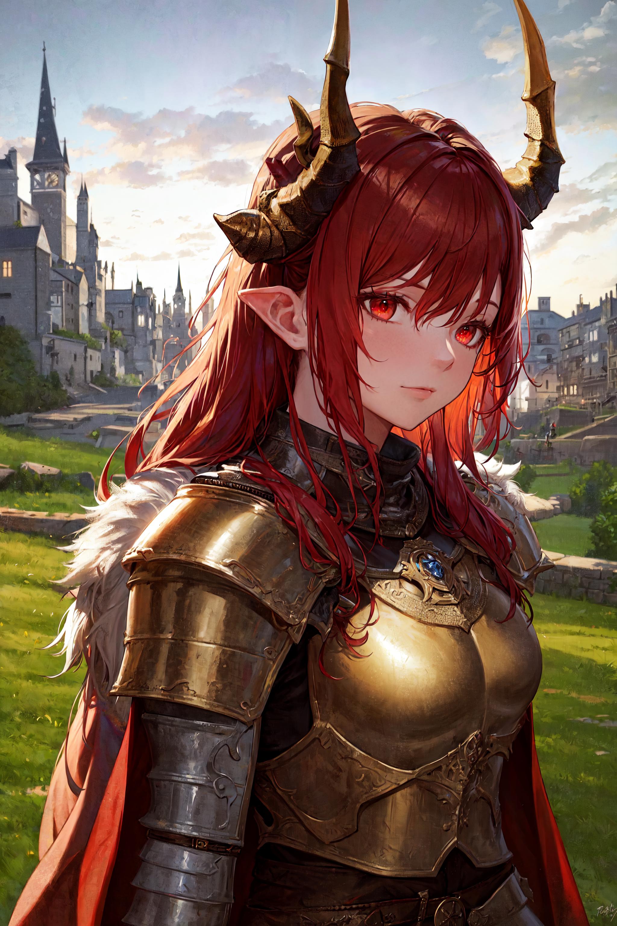 A woman in a gold armor with horns on her head and red hair.