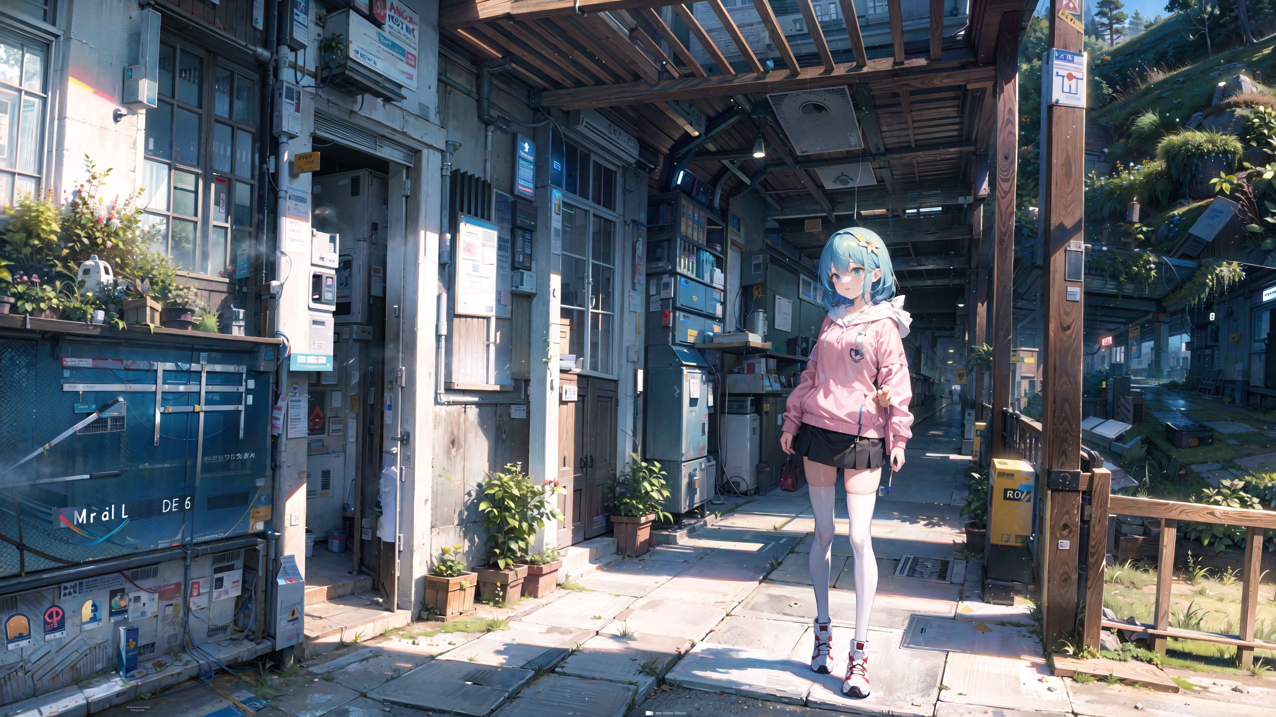 A girl with blue hair wearing a pink jacket and black shorts walking in an alley.