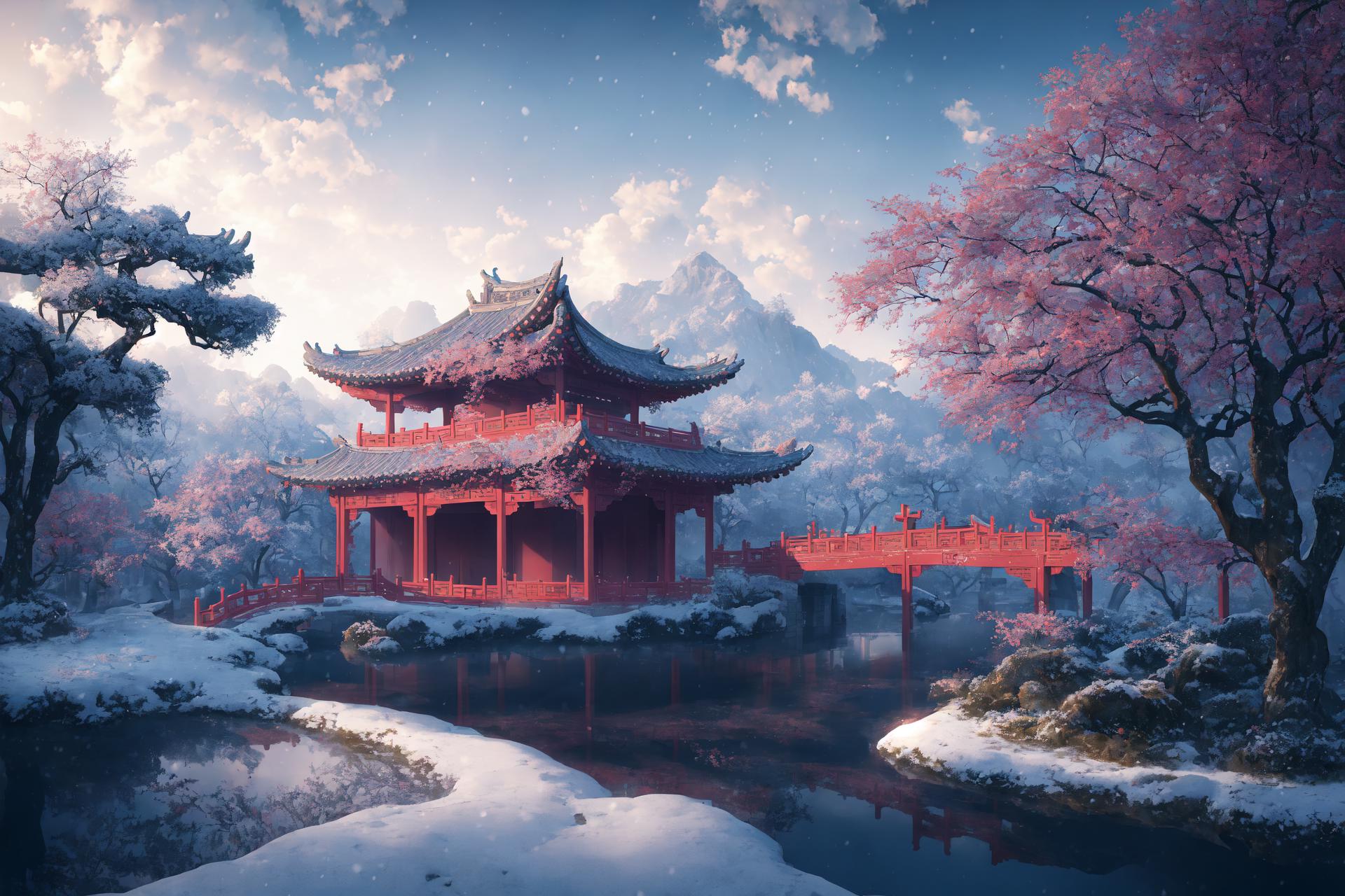 A beautiful painting of a red pagoda with snowy mountains in the background.
