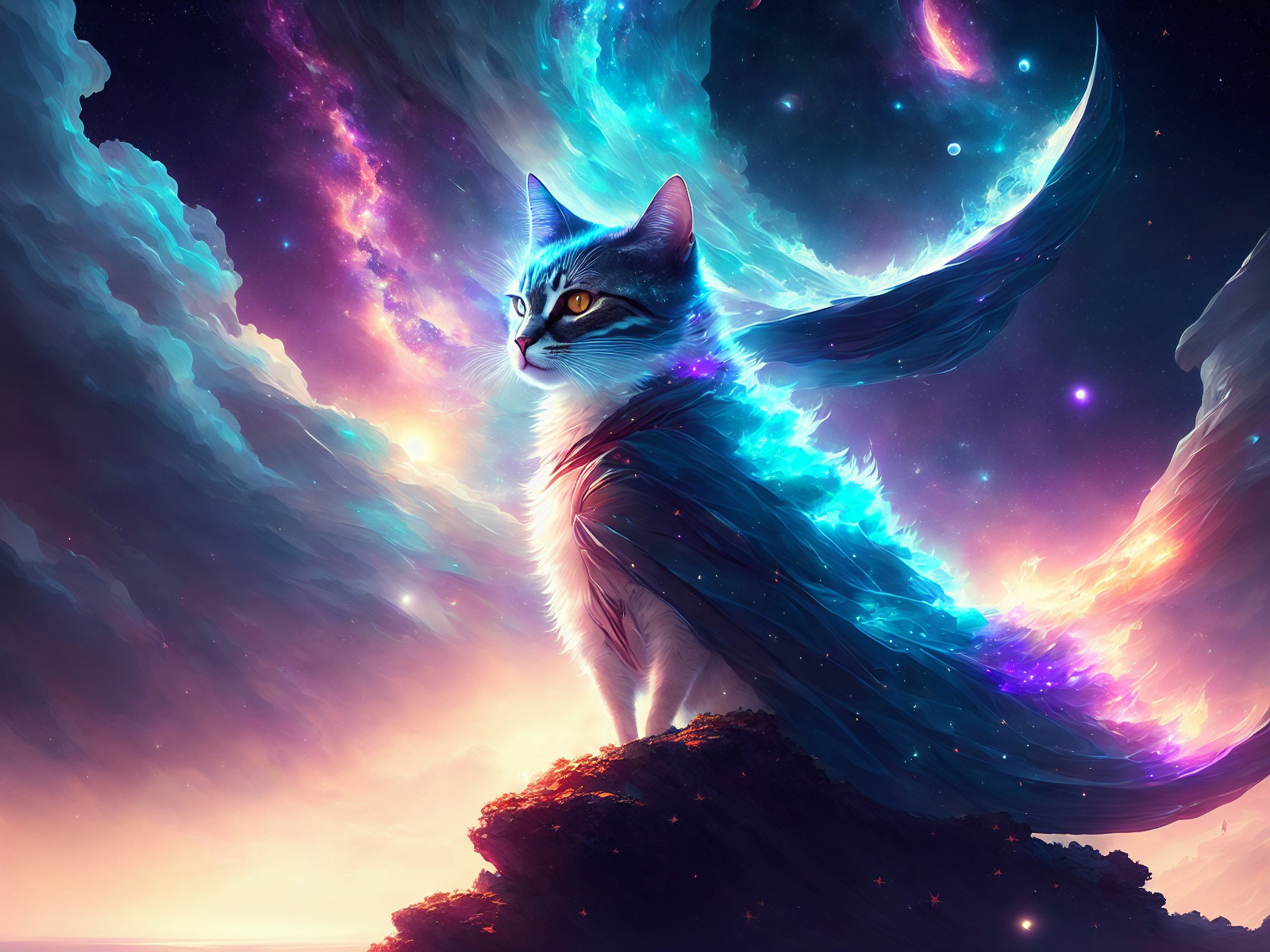 Blue Cat with Yellow Eyes Standing on Rocky Hill in Space