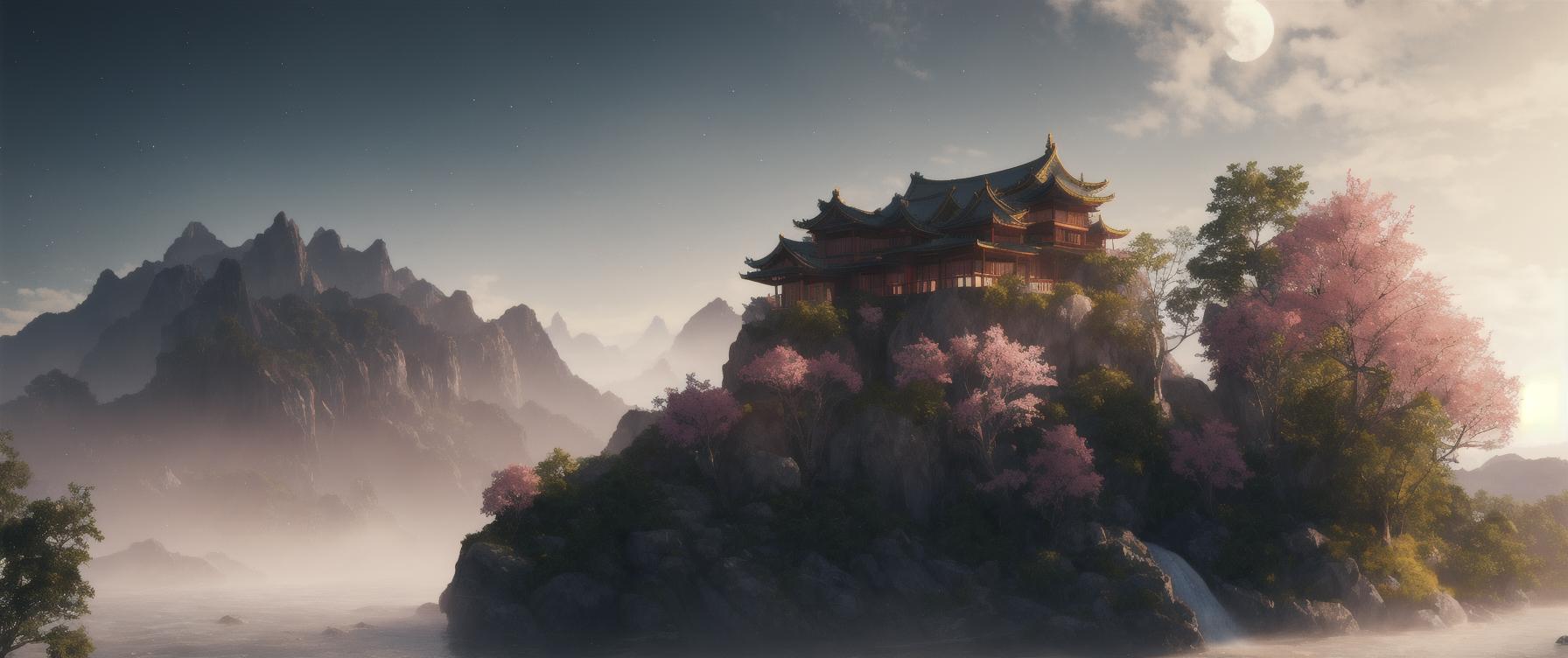 A majestic Chinese palace with a mountainous backdrop and pink cherry blossoms.