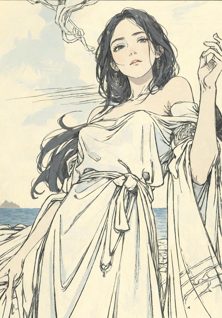 A woman in a white dress with black hair and white wings.