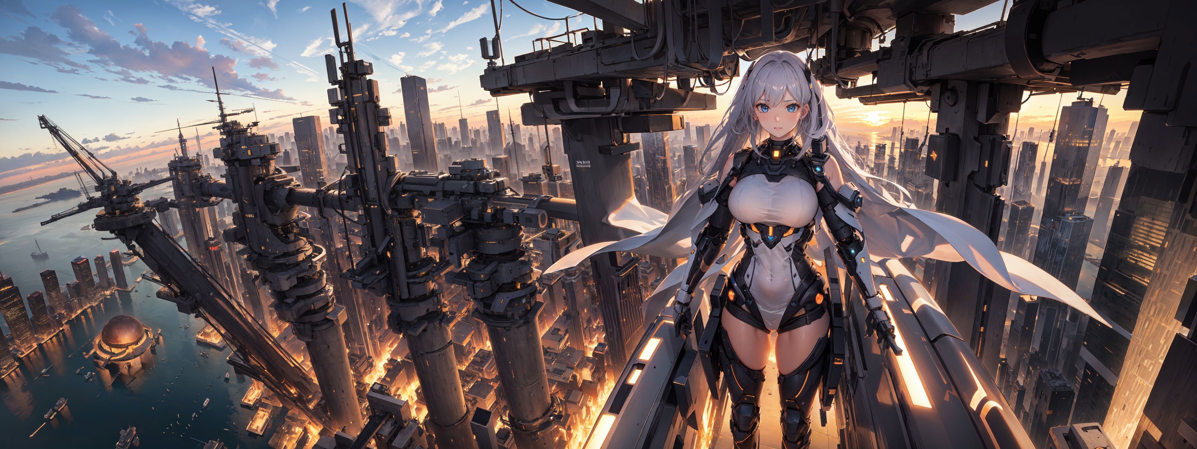 Anime character with blue eyes and white hair standing in a futuristic cityscape.