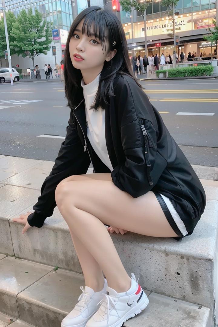 A woman wearing a black jacket and shorts, posing on a ledge.