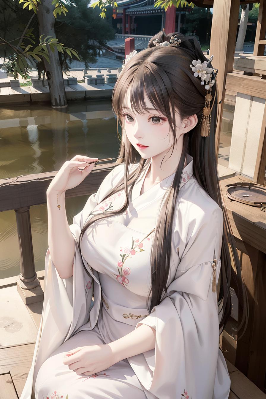 A beautiful young woman wearing a white kimono, standing by a lake.