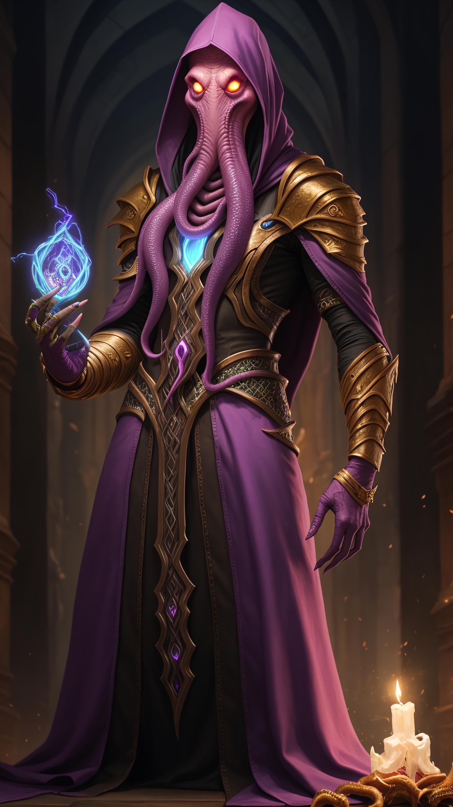 A digital art depiction of a person wearing a purple robe and holding a blue orb.