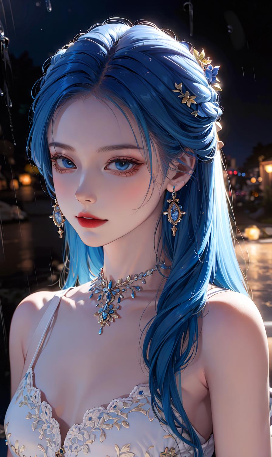 A beautifully drawn blue-haired woman wearing a blue necklace and earrings.
