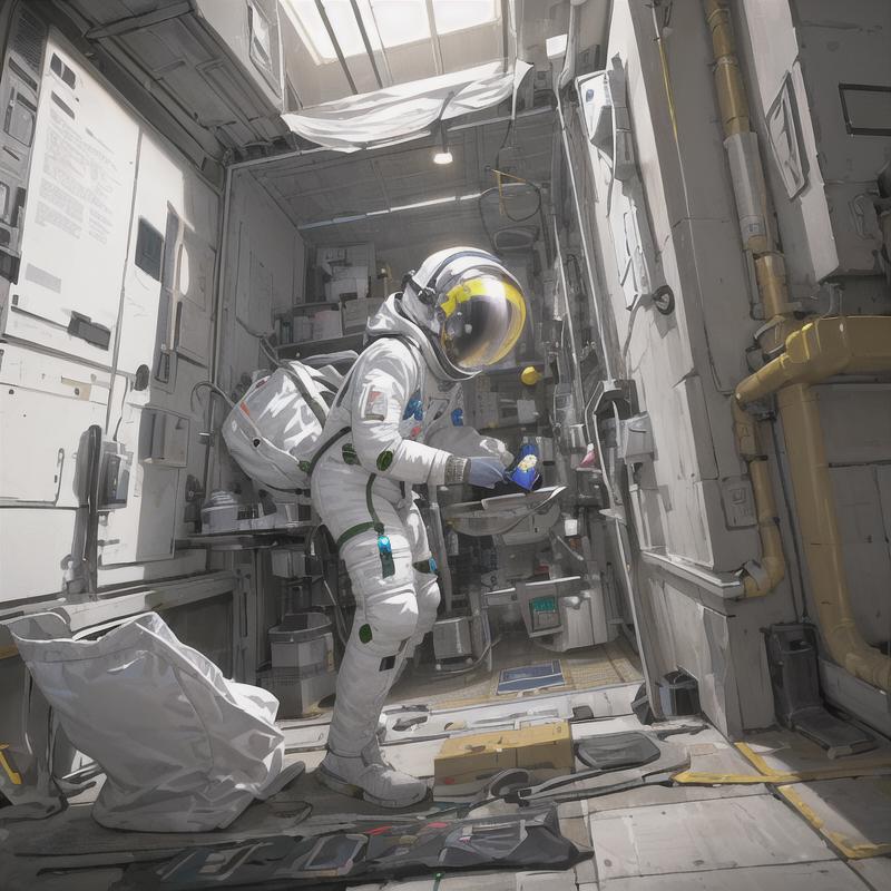 Astronaut in a white space suit standing in a large room.