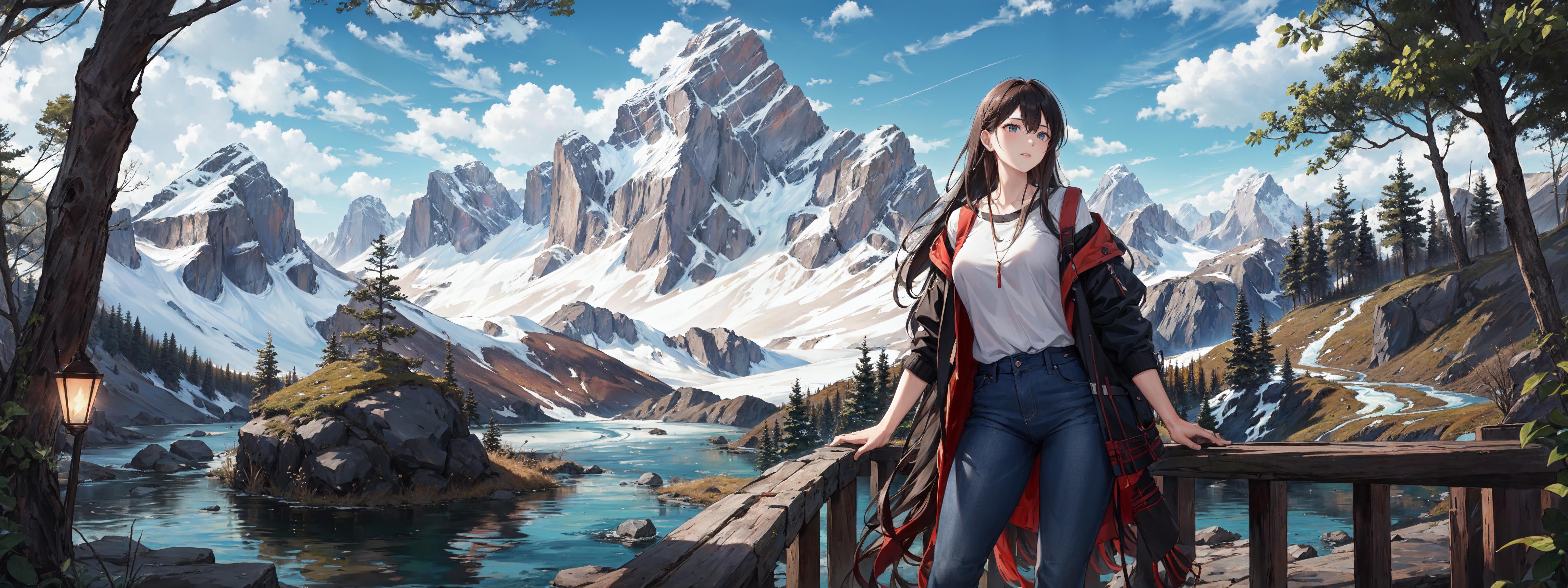 A woman with long hair looking at a body of water with mountains in the background.