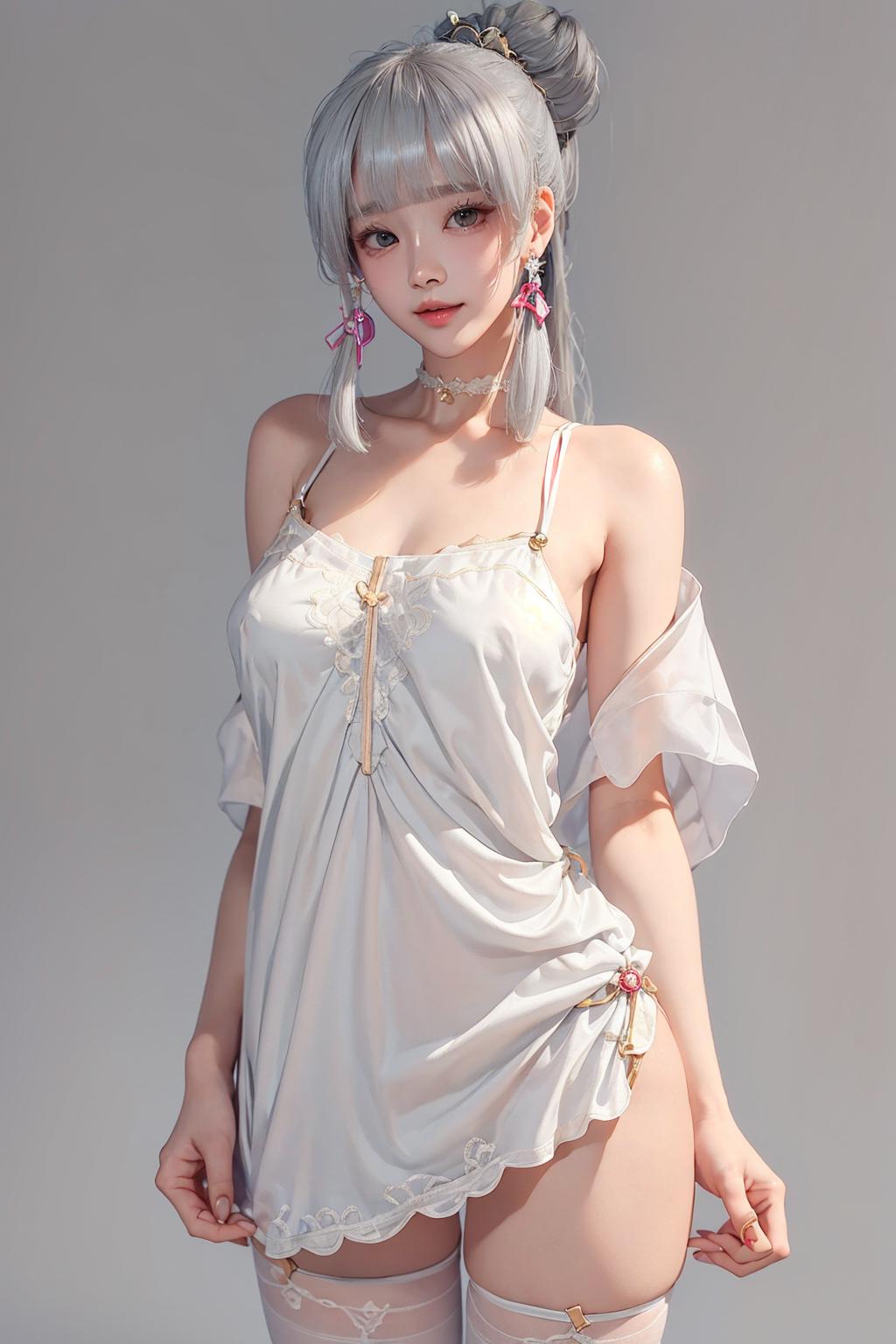 A 3D rendered image of a woman wearing a white dress with pink accents.