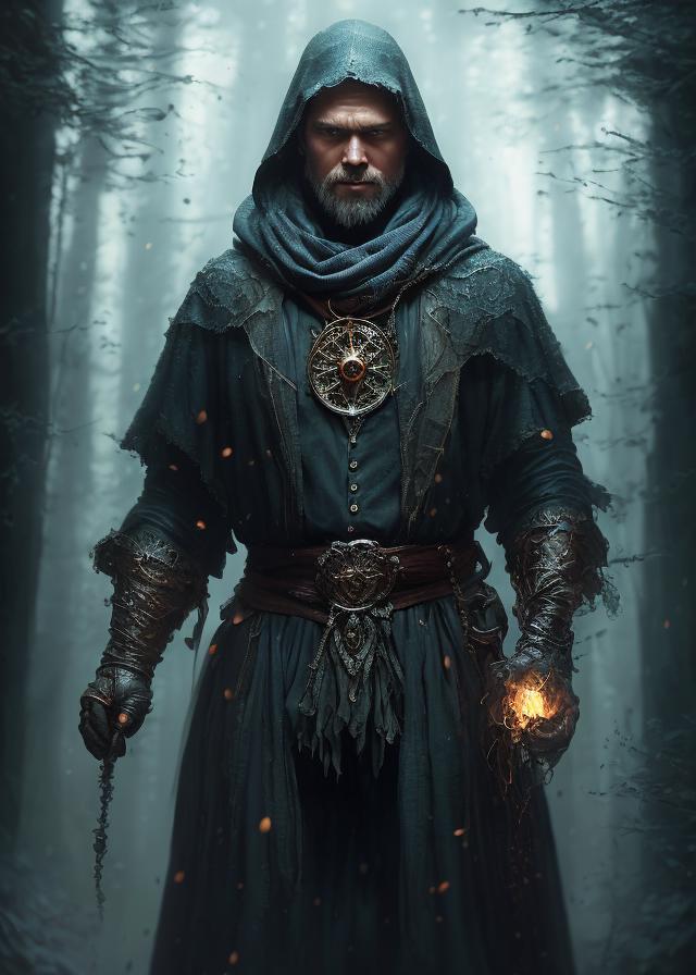 An artist's rendition of a wizard in a dark forest, holding a light in one hand and a dagger in the other. The wizard is wearing a long robe and a hood, and there is a clock on his chest. The scene is illuminated by a light source, creating an eerie atmosphere.