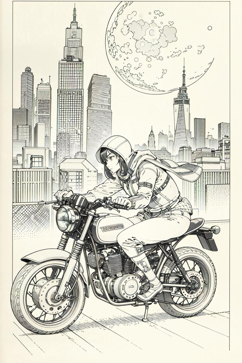 A woman riding a motorcycle in a futuristic cityscape.