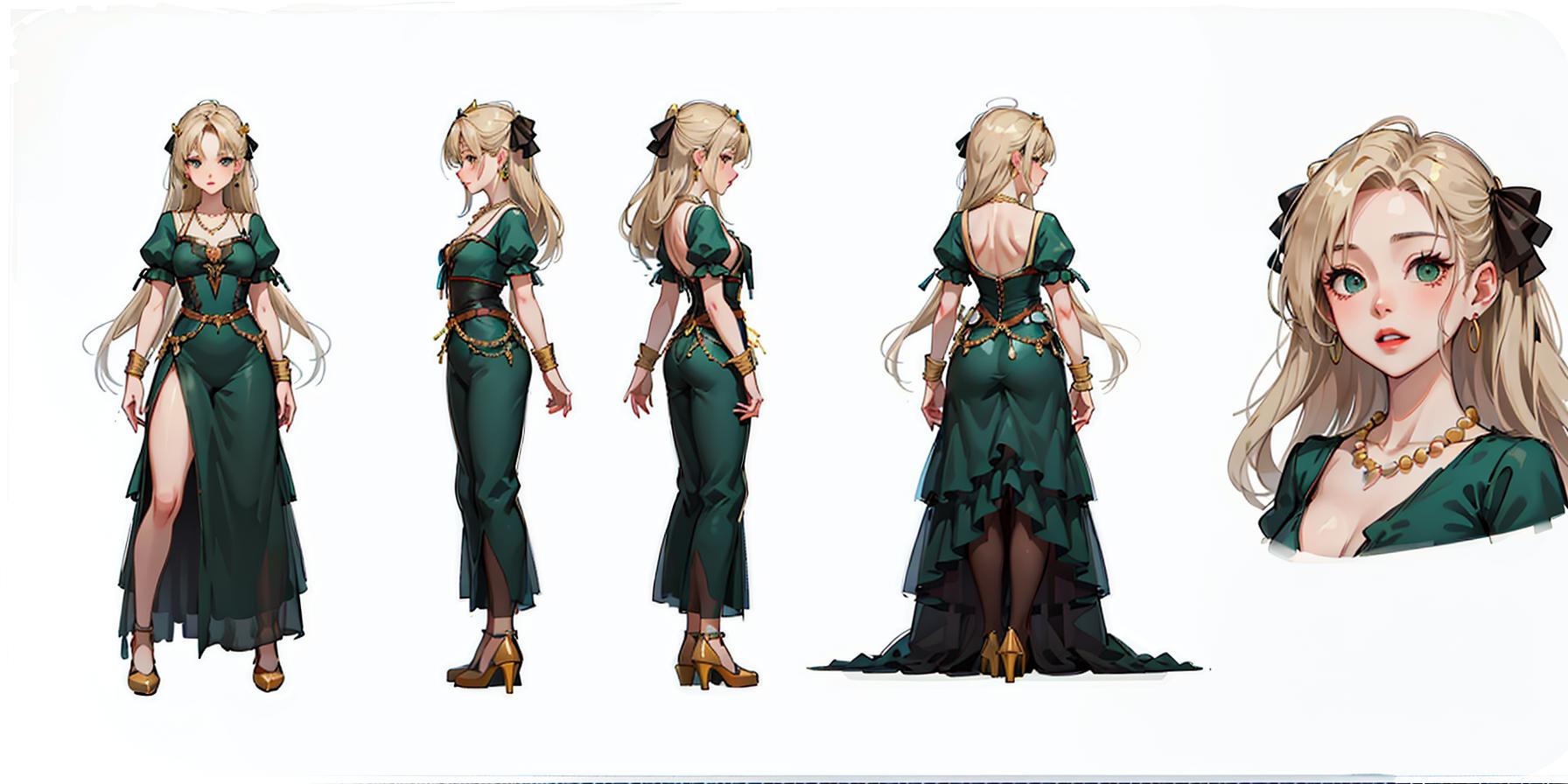 A series of four cartoony women in green dresses.
