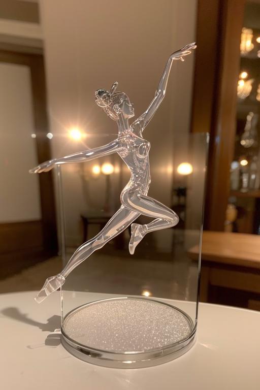 A glass statue of a ballerina on a white table.