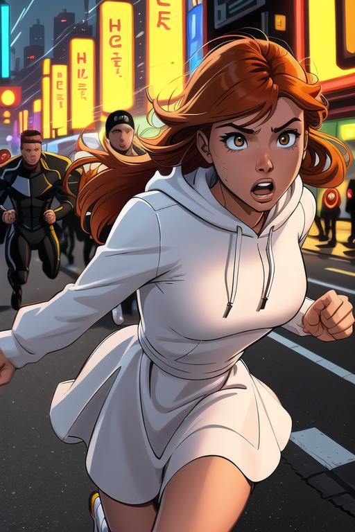 A woman wearing a white hoodie and white dress running down a street.