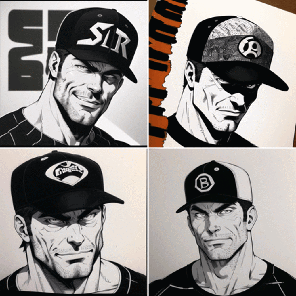 A collection of four black and white images of a man wearing a baseball cap.