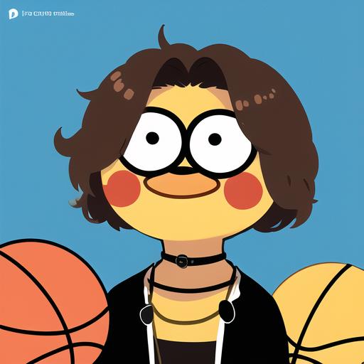 Illustrated character with glasses, a necklace, and holding a basketball.