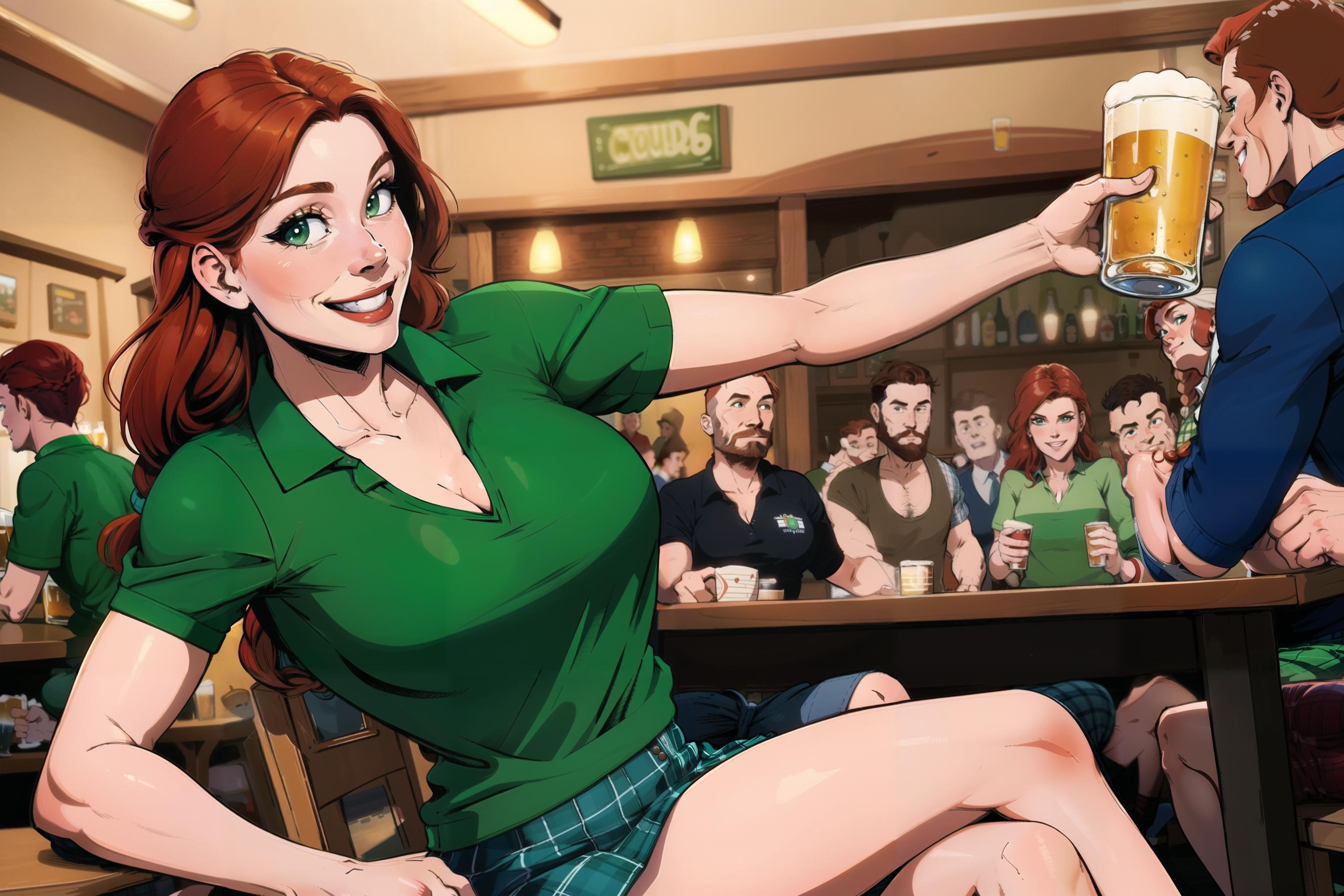 Cartoon Drawing of a Woman Holding a Beer at a Bar.
