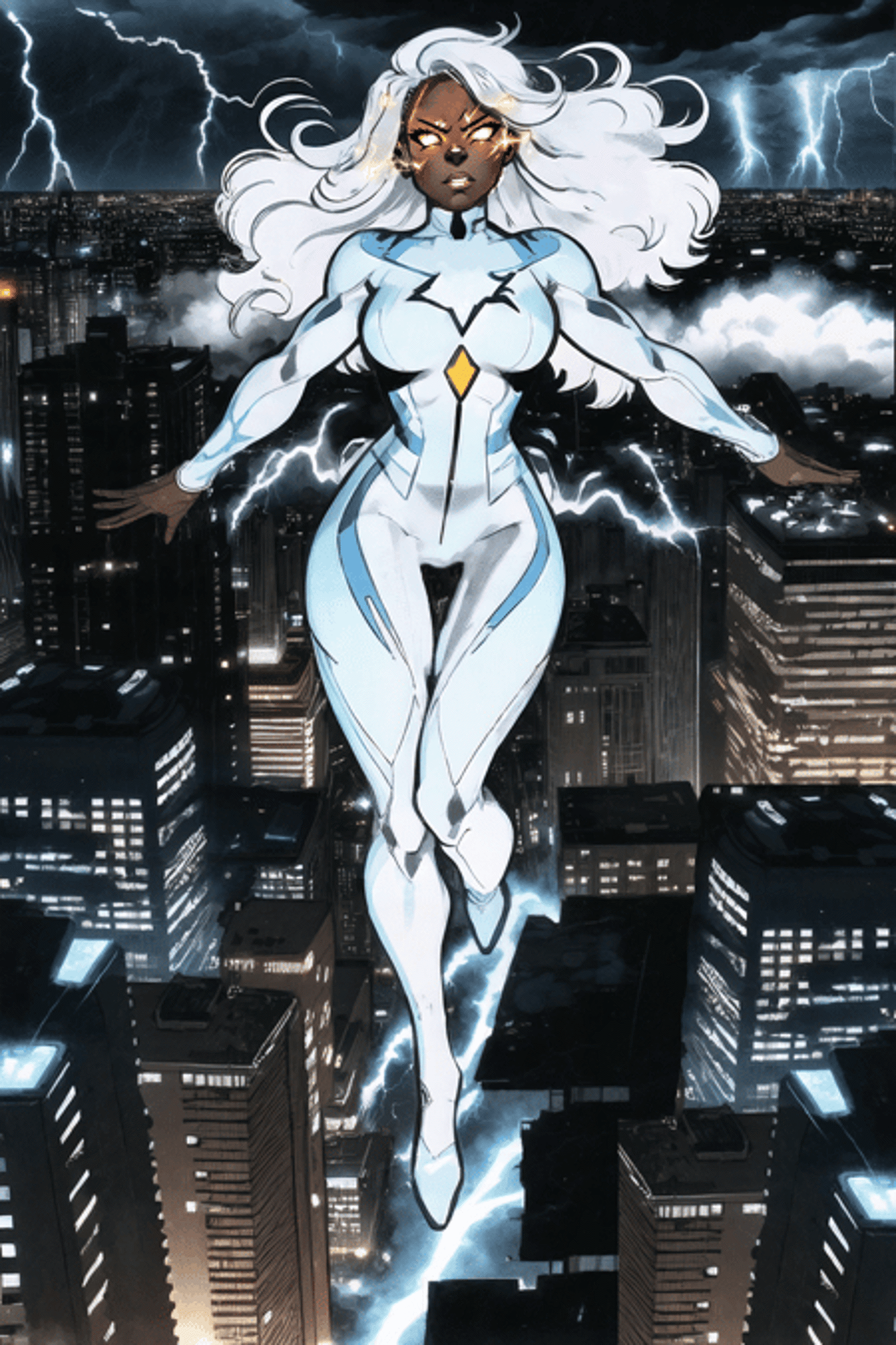 Anime-style comic book illustration of a woman in a white costume with blue accents, flying over a cityscape with her arms outstretched.