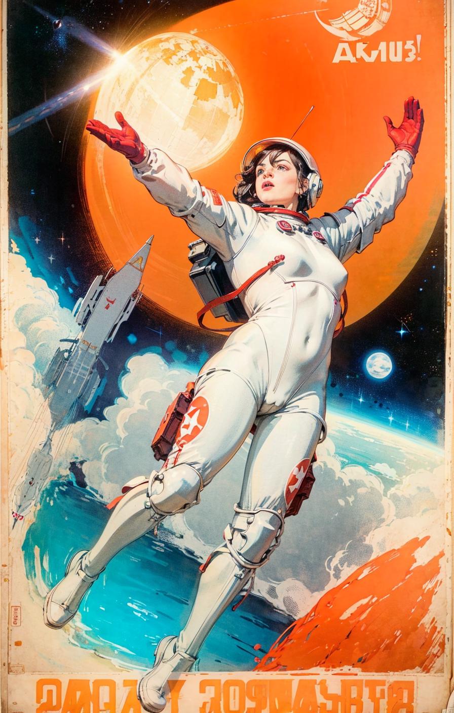 A Space-Themed Poster Featuring a Woman in a White Spacesuit and a Rocket Ship