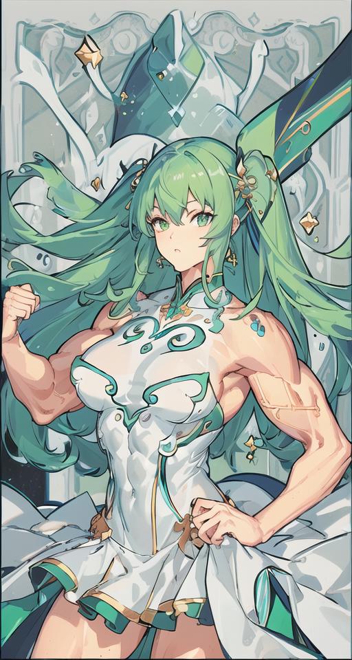 A green-haired anime girl flexing her muscles in a white dress.