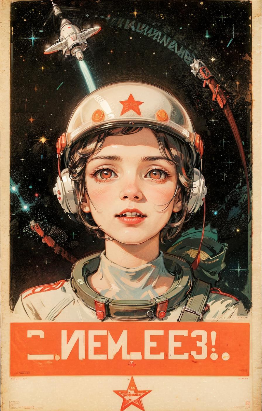 Astronaut Girl Space Art Print Poster with Headphones on Head