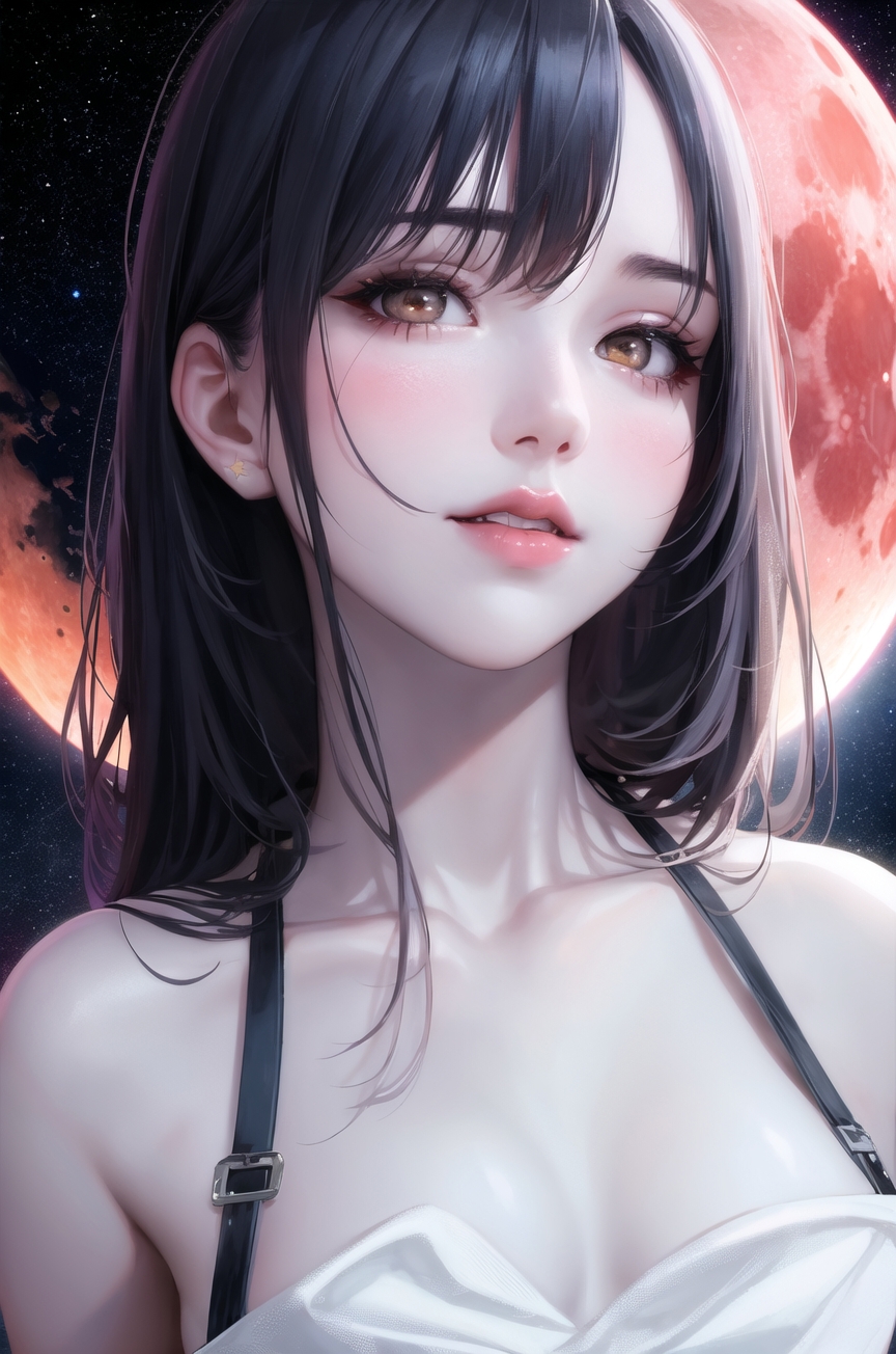 Anime-style art of a woman with a red moon in the background.