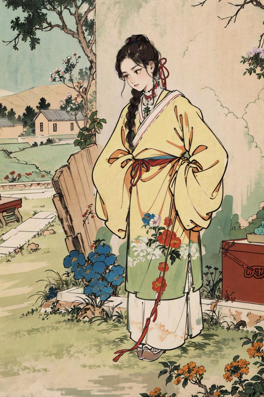 An Asian Woman with Flowers on Her Dress, Standing in a Garden