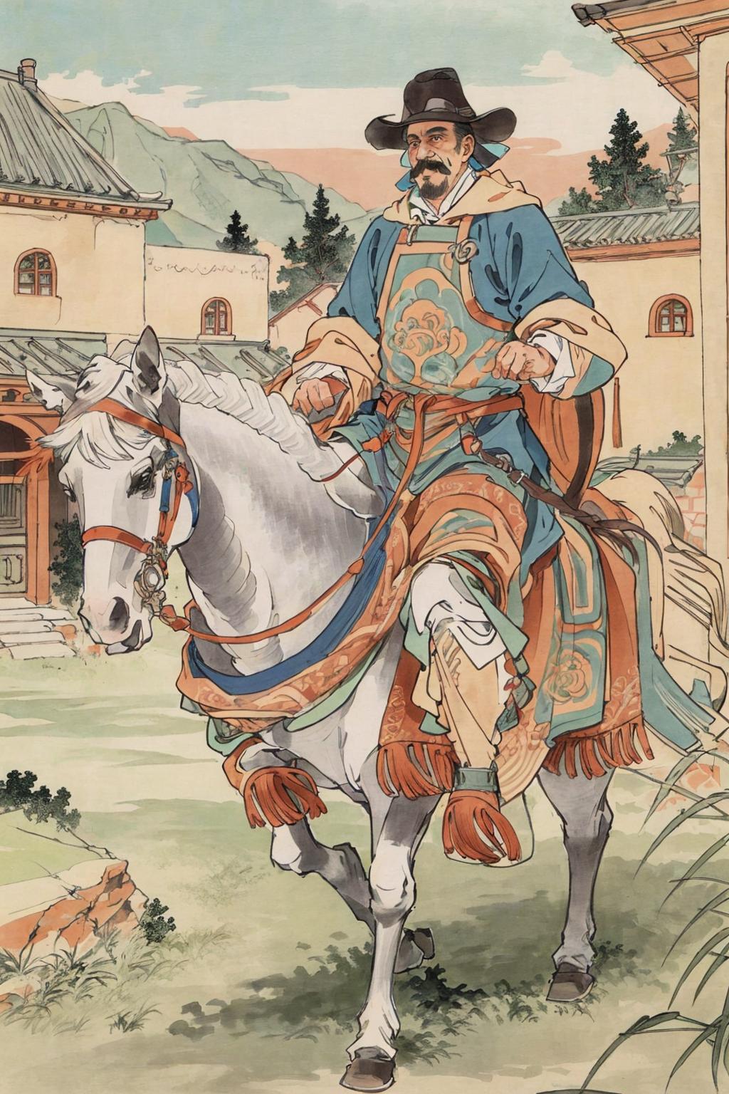 A man in a blue robe riding on the back of a white horse.