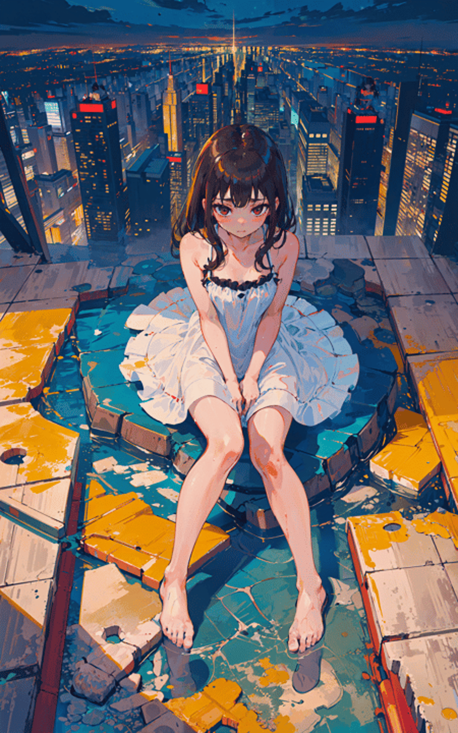 An anime character sitting on a yellow and blue object.