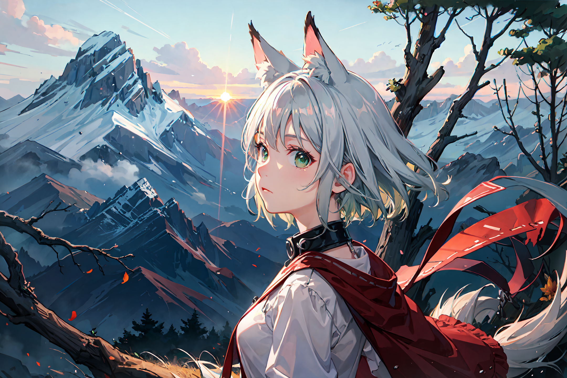A girl with cat ears and a tail, standing in a mountainous area.