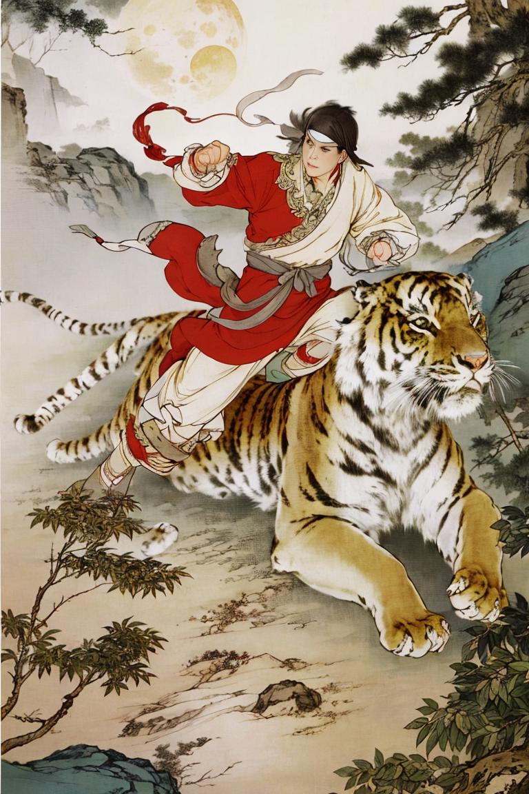A woman in red riding a tiger with a sword in her hand.