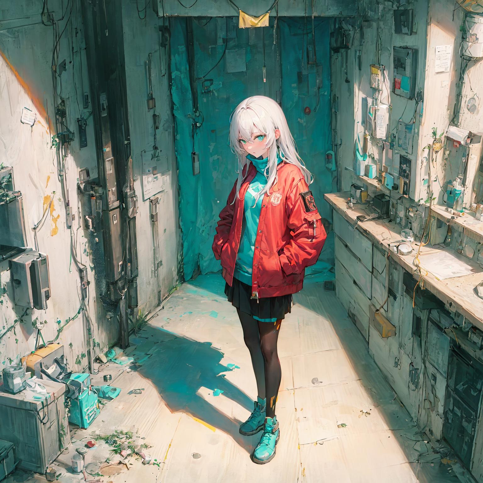 A girl in a red jacket and black skirt standing in an abandoned room.