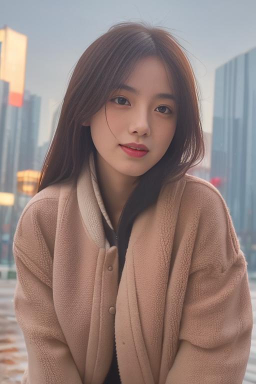 A young woman wearing a brown coat and sitting in front of a city skyline.
